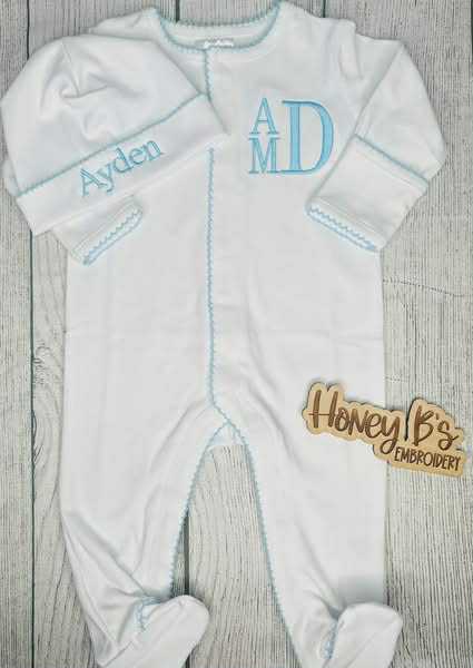 White with Blue trim Footie Hat Set